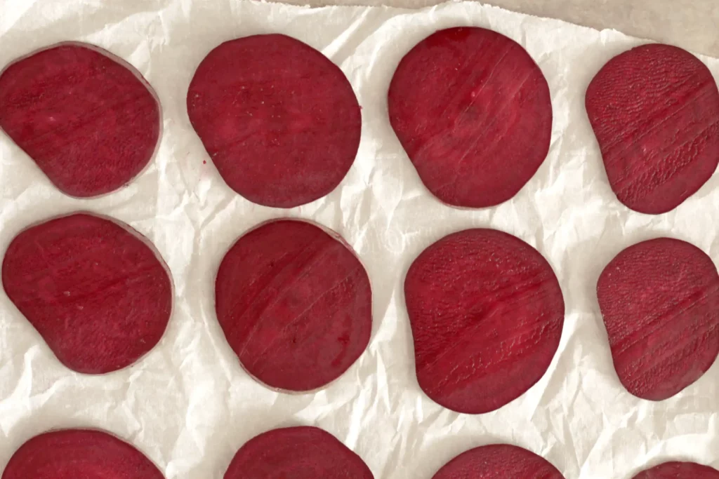 Beet slices on a sheet pan