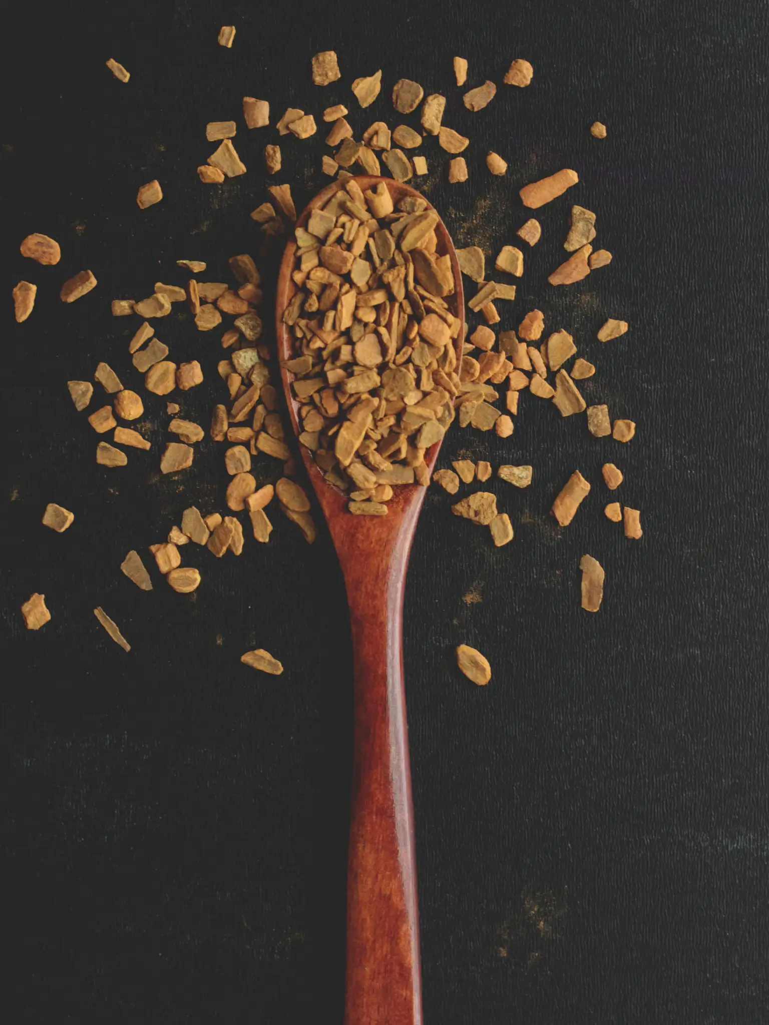 cinnamon chips on a wooden spoon against a black background