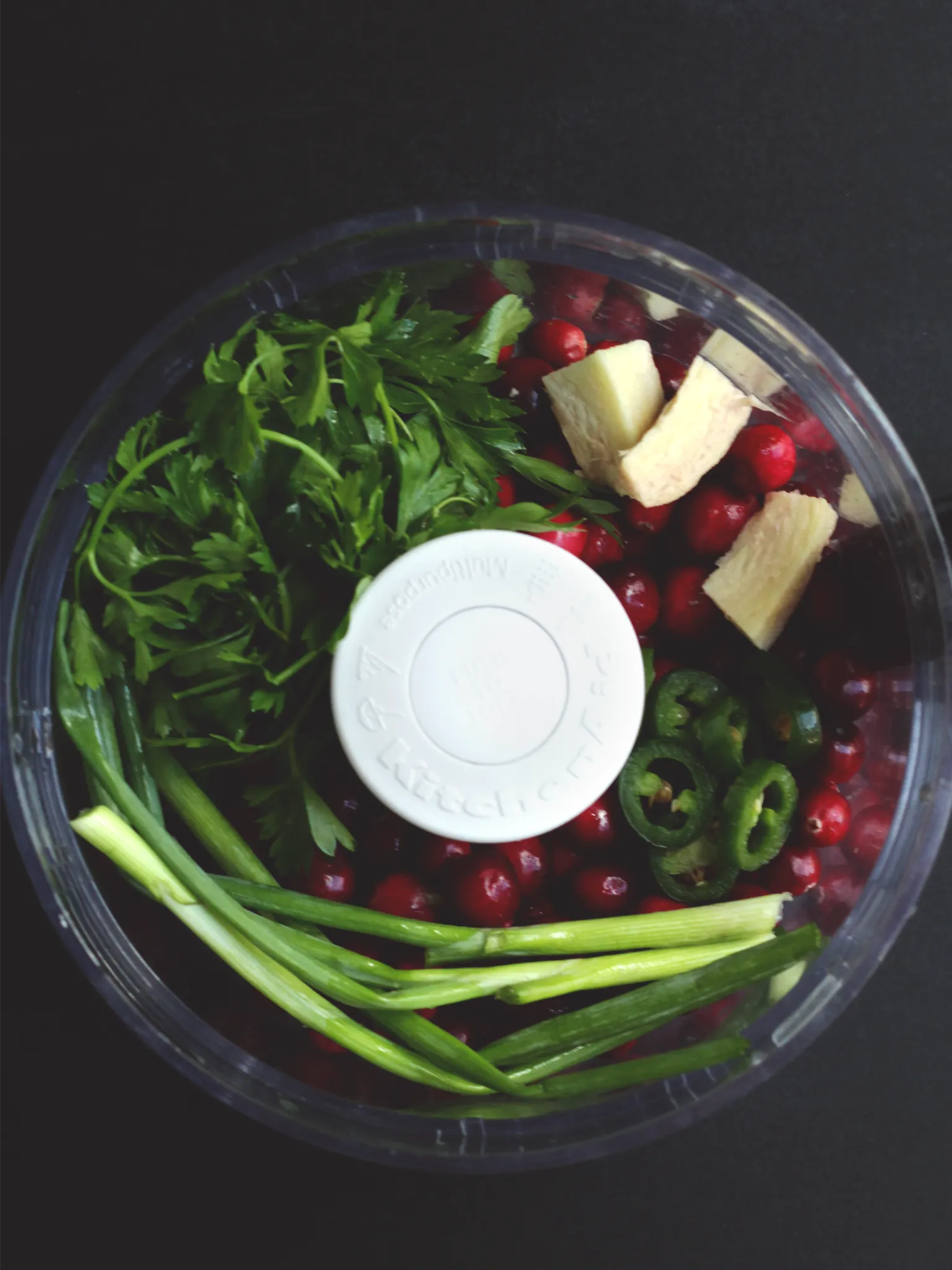 Fresh cilantro, ginger, cranberries, green onions, and jalapenos in a food processor