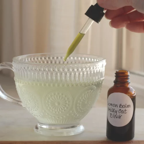 A hand squeezing lemon balm and milky oat elixir into a glass of water.