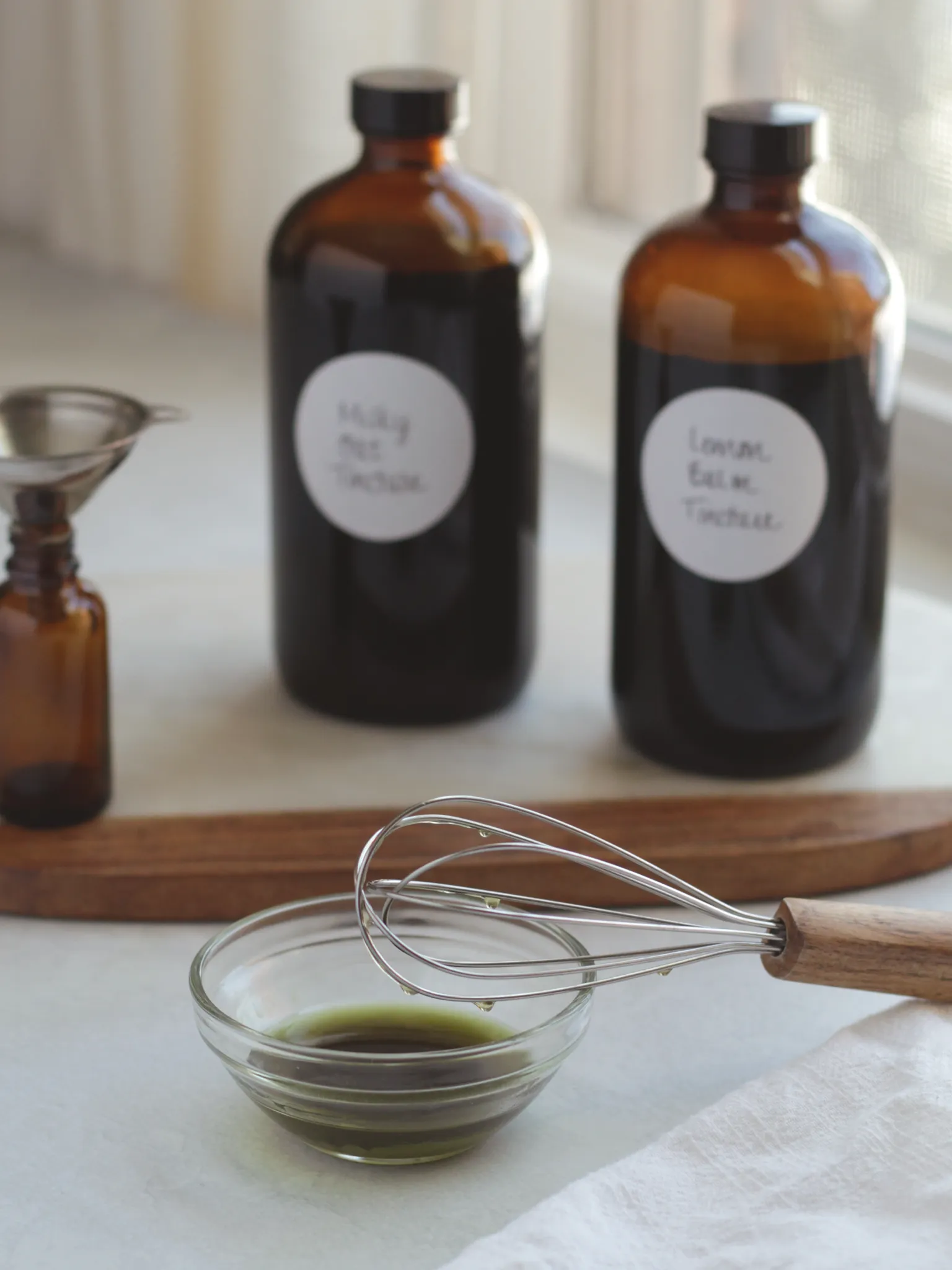 Two large amber glass bottles filled with milky oat tincture and lemon balm tincture. In the foreground is a glass bowl containing the elixir with a whisk resting on the bowl.